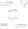 A white side table with text describing its design and construction. Produktbild-Vorschau