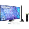 A Samsung QLED TV with its remote and voice assistant logos. Produktbild-Vorschau