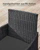 Close-up of a black PE rattan chair with a grey cushion, set on a wooden deck. Produktbild-Vorschau