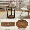 A round coffee table with two shelves is shown in a living room setting, with close-up views of its dimensions and material. Produktbild-Vorschau