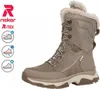 A Rieker winter boot is shown against a white background with product feature icons. Produktbild-Vorschau