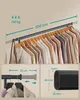Collage showing a clothing rack with clothes hanging on it, along with diagrams illustrating its dimensions and weight capacity. Náhled obrázku produktu