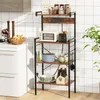 A kitchen shelf unit with various kitchen items on it, set against a tiled wall. Voir les images du produit