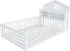 A white wooden children's bed with a house-shaped headboard and built-in shelves. Anteprima dell’immagine prodotto