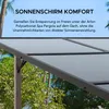 A close-up view of a gray pergola roof with a wooden support post, set against a backdrop of palm trees and a blue sky. Produktbild-Vorschau