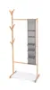 A wooden coat rack with multiple hooks and a fabric organizer with pockets, set against a white background. Produktbild-Vorschau
