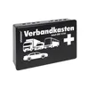A black first aid kit box with vehicle illustrations and text. Produktbild-Vorschau