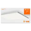 A white LED panel light is shown on a light gray background, with packaging elements and product information. Produktbild-Vorschau