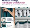 A collage of images showing how to measure and attach curtains, with text overlays describing features. Produktbild-Vorschau