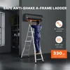 A person is using an A-frame ladder to reach an air conditioning unit mounted on a wall. The image includes text overlays highlighting product features. Anteprima dell’immagine prodotto