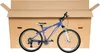 A blue bicycle is placed inside a large cardboard box, ready for shipping. Produktbild-Vorschau