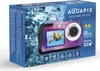 The image shows the retail packaging of a purple Aquapix W3048 Edge digital camera, with a promotional image of the camera and its features displayed on the box. The background features water splashes and bubbles. Náhled obrázku produktu