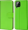 A bright green flip case for a smartphone is shown, with the phone inside on the right side and the case closed on the left.