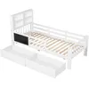 A white twin bed frame with a bookshelf headboard, guardrails, and two storage drawers underneath, shown against a white background. Náhľad obrázku produktu