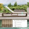 A lounge chair with a cushion is placed outdoors near a pool, with a background of greenery and mountains. A close-up of the material and a text box highlighting features are also shown. Náhled obrázku produktu