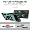 A product image showcasing a phone case with a kickstand and ring holder, along with a comparison of the product's thickness to another case. Produktbild-Vorschau