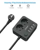 A black VOOMY power strip with two AC outlets and four USB-A ports, shown with its power cord and plug. Voir les images du produit