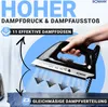 A hand holding a black steam iron, with steam coming out and arrows indicating distribution, against a light blue circular background and a white background. Produktbild-Vorschau