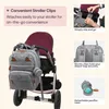 A diaper bag backpack attached to a stroller, with accompanying feature callouts. Náhled obrázku produktu