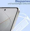 A close-up of a transparent phone case with a silver edge, partially covering a smartphone screen. Text overlays describe the product's features. Produktbild-Vorschau