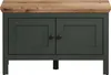 A dark green storage bench with a wooden top and two doors with black knobs, shown against a white background. Anteprima dell’immagine prodotto