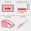 Diagrams illustrating features of a lawnmower, including lawn area coverage, cutting height and width, grass box capacity, and cleaning feature. Produktbild-Vorschau