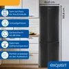 A black refrigerator with several feature callouts is shown in a kitchen setting. Dimensions are provided for the appliance. Produktbild-Vorschau
