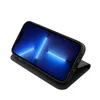 A black flip case for an iPhone 13 Pro is shown at an angle, with the phone's screen displaying a blue abstract wallpaper. Produktbild-Vorschau