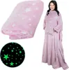 A collage showing a pink glow-in-the-dark star blanket with sleeves and a close-up of the glow-in-the-dark stars. Náhľad obrázku produktu