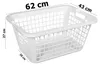 A white plastic laundry basket with dimensions indicated by text overlays. Produktbild-Vorschau