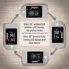 A collage of four pulse oximeters arranged in a circle, with text in the center describing the product's features. Produktbild-Vorschau