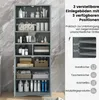 A tall, gray storage cabinet filled with various bathroom items, placed against a marble-patterned wall. Produktbild-Vorschau