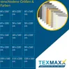A graphic displaying various sizes of roller blinds and a logo for TEXMAXX. Produktbild-Vorschau