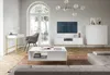 A modern living room with a white console table, a gray armchair, a white coffee table, a TV stand with a TV, and a white cabinet. Produktbild-Vorschau