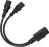 A black Y-splitter power cable with two female IEC C13 connectors and one male IEC C14 connector. Náhled obrázku produktu