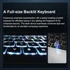 A marketing image showcasing a laptop's backlit keyboard and fingerprint ID feature. Produktbild-Vorschau