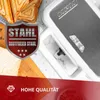 A close-up marketing shot of a sandwich maker with toast and bread in the background, and promotional text at the bottom. Produktbild-Vorschau