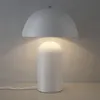 A white mushroom-shaped table lamp is shown on a light-colored surface against a textured gray background. Voir les images du produit