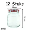 A clear shot of a small glass jar with a red and white checkered lid, with dimensions and volume indicated by text and lines. Voir les images du produit