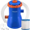 A blue and orange pool filter pump with hoses and a filter cartridge, presented on a white background. Produktbild-Vorschau