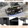 A collage of images showing a modern LED couch table with various features. Produktbild-Vorschau