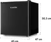 A black mini-refrigerator with dimensions indicated by dashed lines and text. Náhľad obrázku produktu
