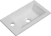 A white rectangular sink with two holes, one for a faucet and one for drainage, is shown from a high angle. Produktbild-Vorschau