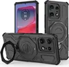 Three views of a black protective phone case with a ring holder and stand, designed for a Motorola Edge 50 Pro. Produktbild-Vorschau