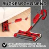 A red cordless sweeper is shown cleaning under a sofa, with an inset showing a close-up of its flexible joint. Produktbild-Vorschau