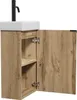 A bathroom vanity set with a sink and cabinet, shown with the cabinet door open. Voir les images du produit