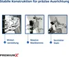 Collage of three close-up images showing different parts of a satellite dish mount, with text descriptions and a brand logo. Produktbild-Vorschau