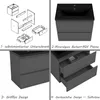 A collage of four images showing different aspects of a bathroom vanity set, including assembly instructions, the assembled product, and close-ups of its features. Produktbild-Vorschau