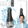 A collage-style marketing image for a cordless water flosser, featuring the product in action with water splashes, various attachments, a charging cable, a storage pouch, and a happy customer. Voir les images du produit