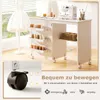 A sewing table with storage for thread and a sewing machine is shown, with an emphasis on its mobility features. Produktbild-Vorschau